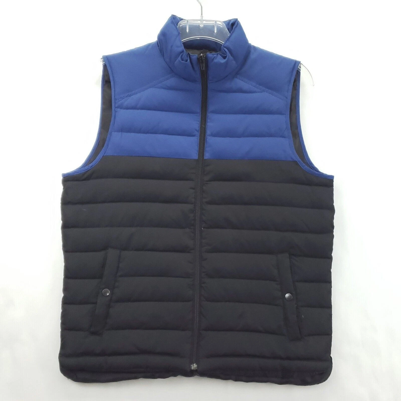 J Crew Puffer Vest Mens Medium Blue Black Polyester Pockets Full Zip Mock Neck