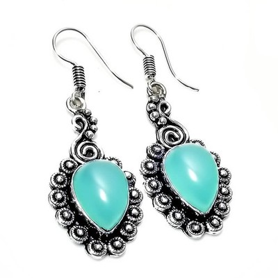 Aqua Chalcedony Gemstone Handmade 925 Sterling Silver Jewelry Earring Size 2''