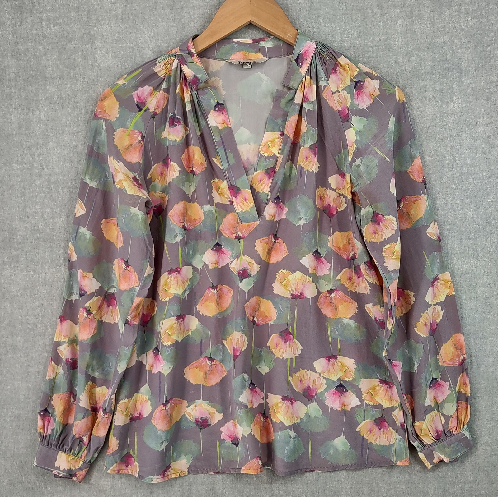 Tucker Blouse Womens Small Purple Floral Silk Long Sleeve Sheer Top Made USA