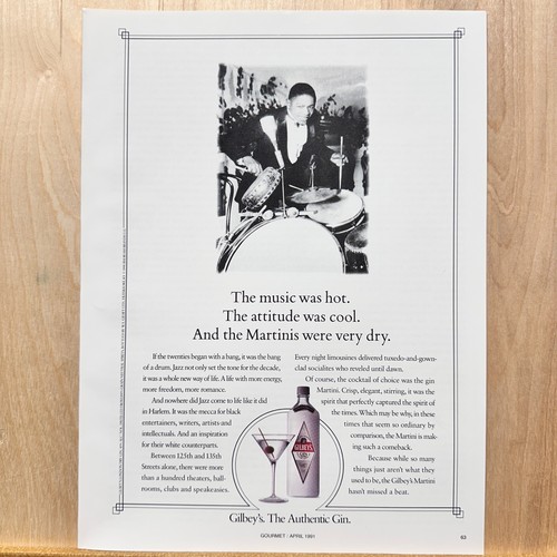 1991 Gilbey’s Gin Jazz Drummer Vintage Print Ad Alcohol Liquor Advert Art