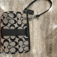Coach Signature Logo Zip Wristlet Wallet w/ Wrist Strap Black Beige