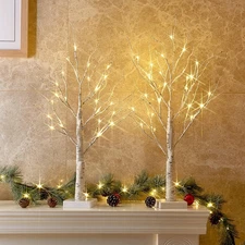 2Pack 2Ft LED Birch Tree Christmas Decor Battery Operated Warm White Lights