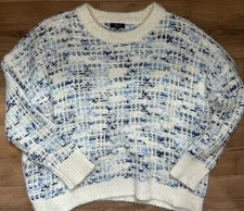 FRNCH NEW $92 Crewneck Metallic Multi-Yarn Knit Winter Sweater White Blue S/M
