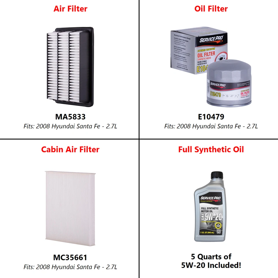 2008 Hyundai Santa Fe 2.7L Complete Oil, Air & Cabin Filter Kit (5W-20) Foto 2 de 4