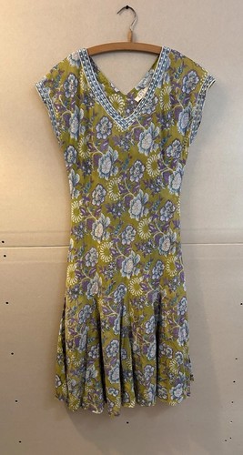 EAST LIFESTYLE Kleid 10 grün blau Blumen Hand Blockdruck Baumwolle