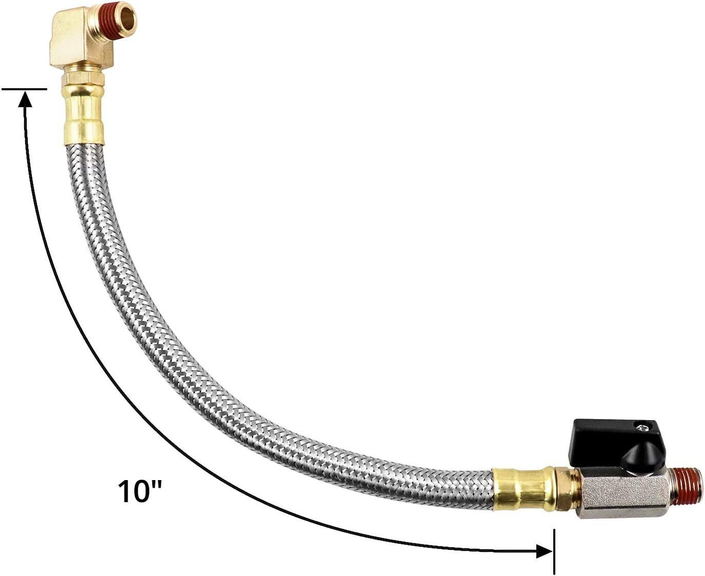 Air Compressor Tank Drain Valve Kit, 10” Hose 1/4” NPT, 1/4”-3/8” Adapter + Tape