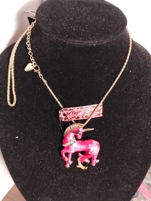Betsey Johnson Unicorn Hot PinkEnamel & Clear Rhinestone Necklace New With Tags 