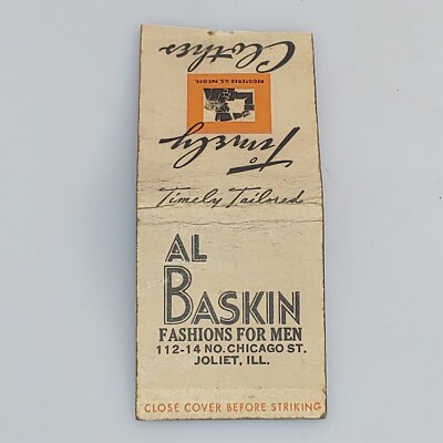 Vintage Matchbook Cover Al Baskin Fashions for Men - Joliet Illinois IL