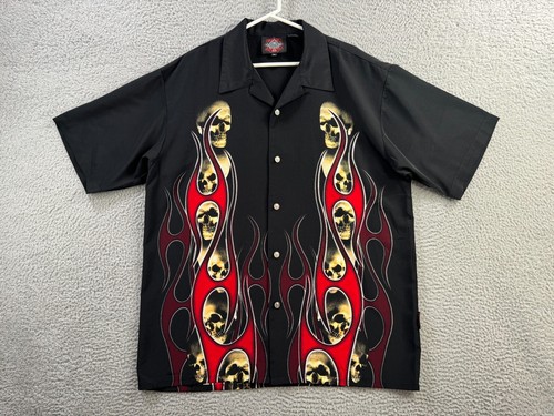 Vintage Dragonfly Shirt Mens XL Polester Button Up Camp Loop Collar Skulls Y2K