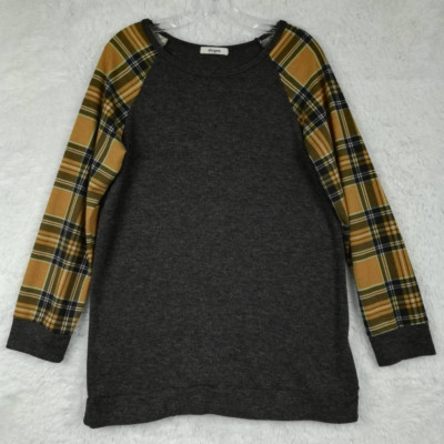 Eloges Womens Sweater Tunic Gray Multi Plaid Long Sleeve Raglan Pullover USA M