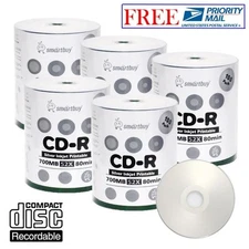 500 Pack Smartbuy 52X CD-R 700MB Silver Inkjet Hub Printable Disc Priority Mail