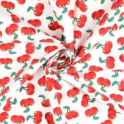 BAUMWOLLE Popeline Stoff Baumwollstoff Sweet Cherry Kirschen Weiß EUR 11,98/m