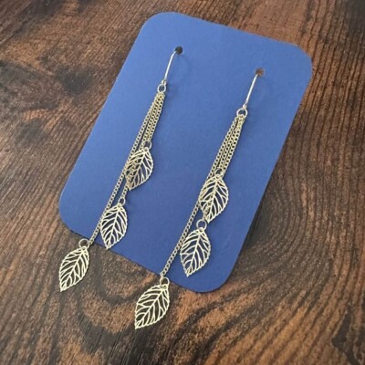 New Gorgeous Gold-Tone Leaf Outline Threader Earrings (4  Long) (Version 5)