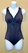 GABAR,  1-Pc Soft-Cup Swimsuit W/A Ruffled Plunge V-Neck, Black W/Blue Trim Sz 8