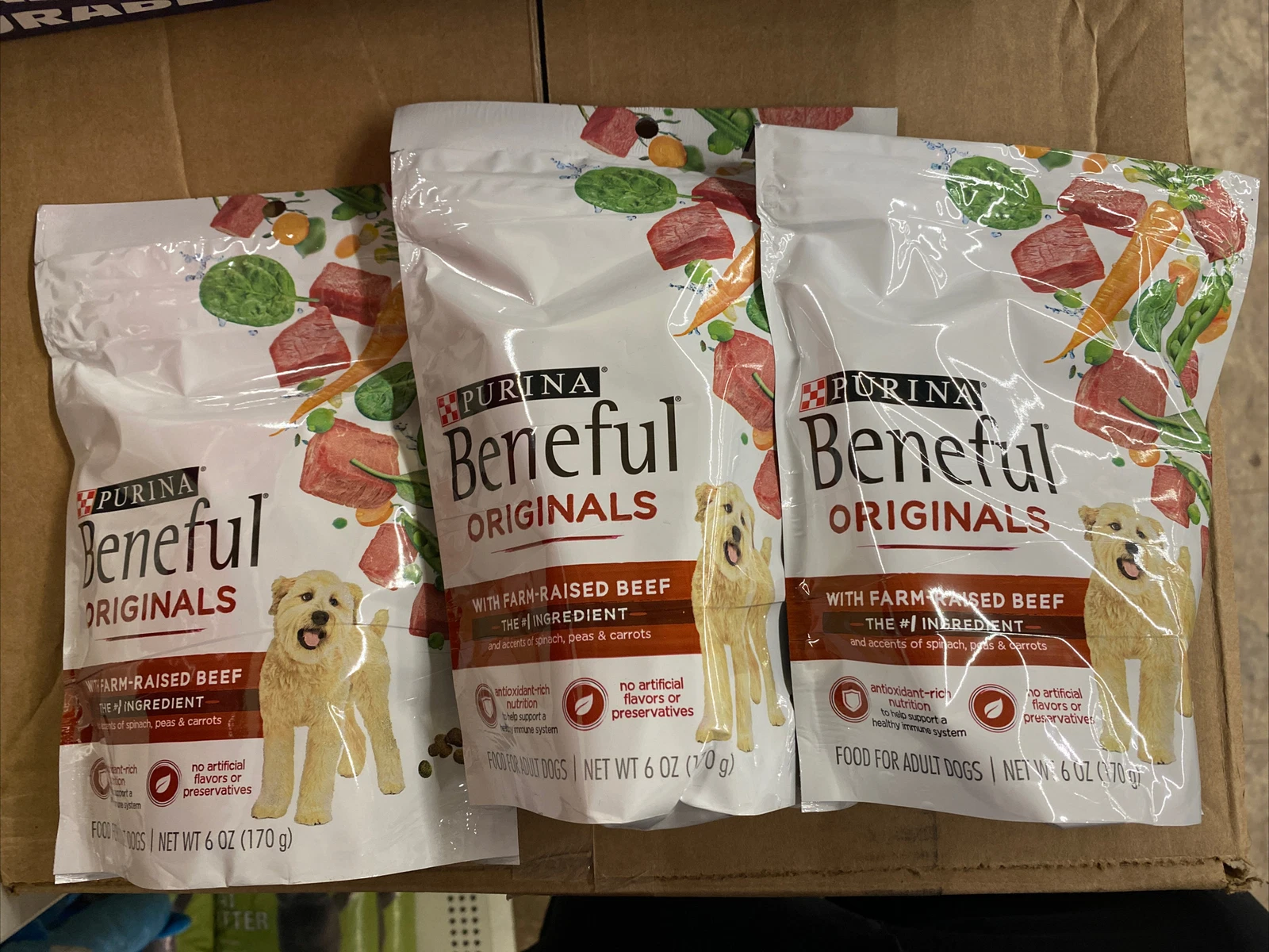 (Lot of 3) Purina Beneful Originals with Real Beef, Spinach, Peas, Carrots 6oz