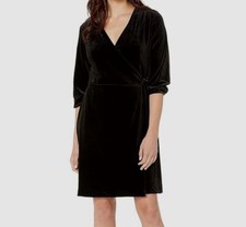 Tribal Women Black Velvet 3/4-Sleeve V-Neck Tie-Front A-Line Wrap Dress Size M
