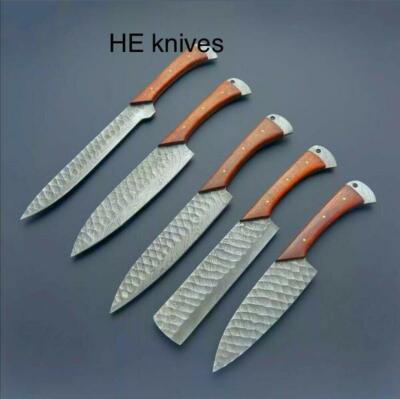 5 PIECES BEAUTIFULL CUSTOM HANDMADE  Damascus Steel FORGE CHEIF SET WITH  SHEATH