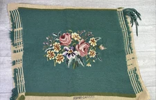 Vintage Yarn Needlepoint Floral Bouquet Green Multipurpose Rough Edges
