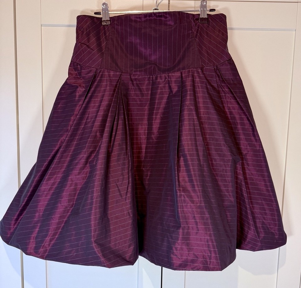 CUE Plum Purple Pin Stripe Taffeta Midi Bubble Skirt Size 12 Zip Flare Like New