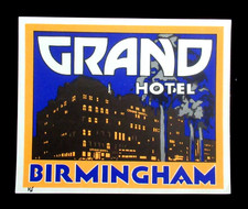 Original Vintage Luggage Label Sticker Grand Hotel Birmingham England UK