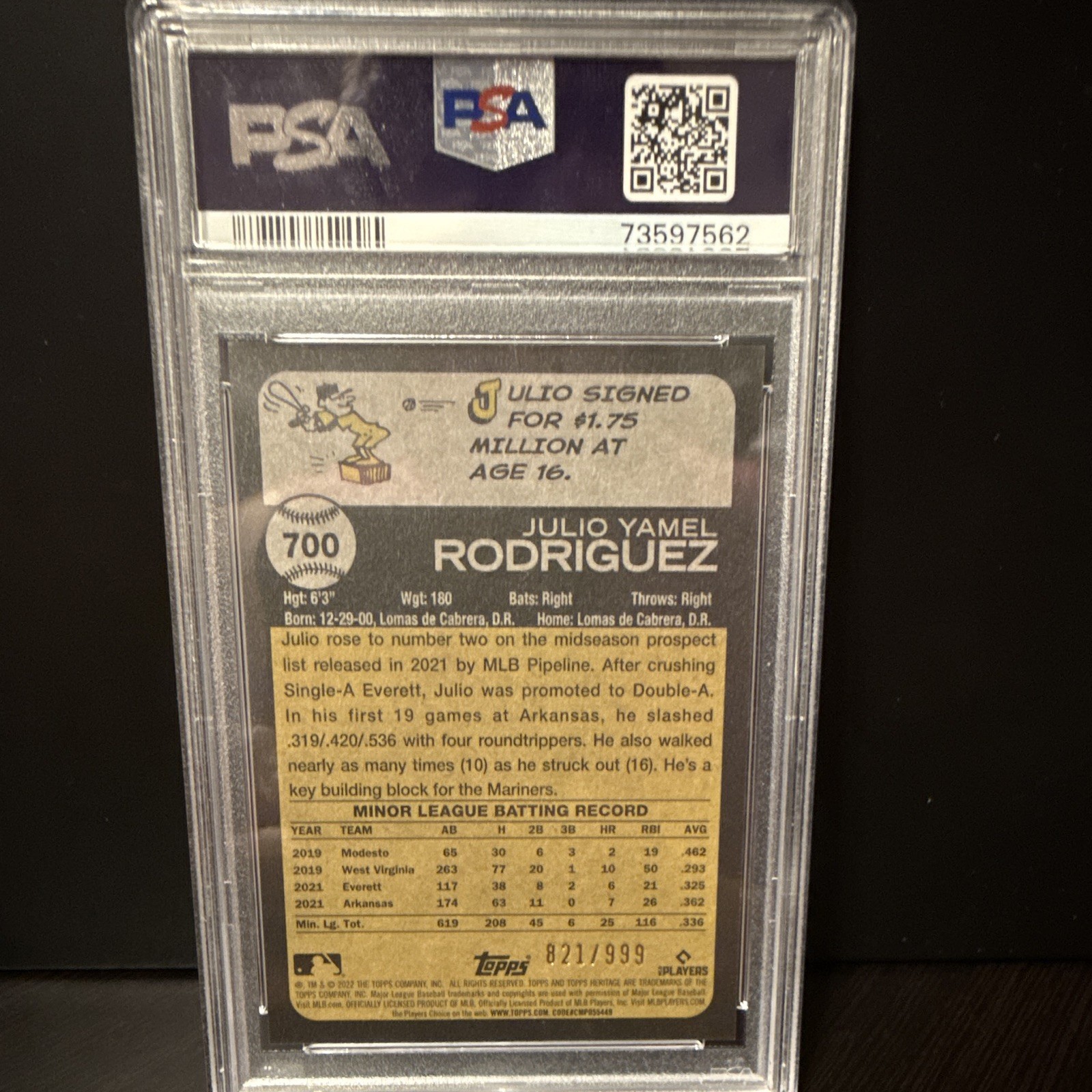 Topps 2022 Heritage High Number Julio Rodriguez #700 Chrome PSA 9 RC /990 view 2