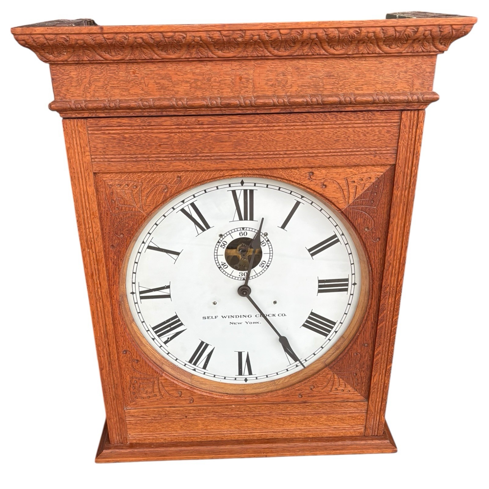 Antique Self Winding Clock Co New York Oak Regulator Wall Clock Working 26.5”