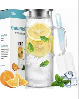 Yirilan Wasserkrug mit Deckel 1,5 Liter Glas Wasserkrug Heiß und Kalt Glaskrug