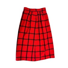 Vintage 70s 80s Plaid A-Line Midi Skirt Red Black Knee Length Wool Blend Sz S