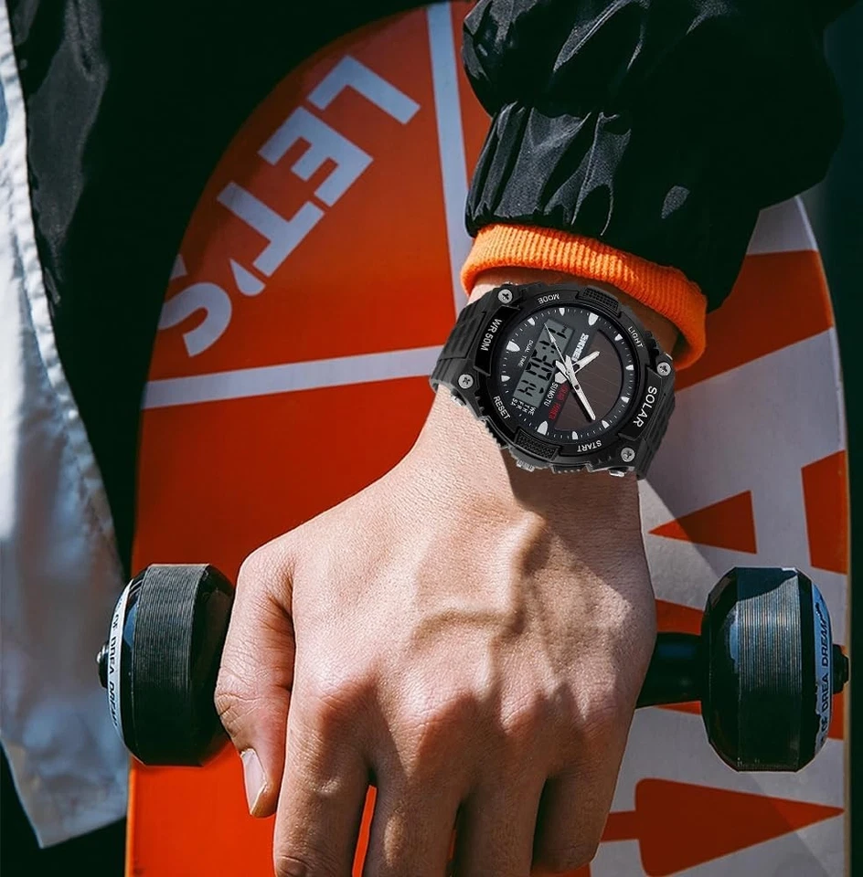 Reloj pulsera de cuarzo informal analógico digital negro FANMIS para hombre alimentado por energía solar  Foto 4 de 4