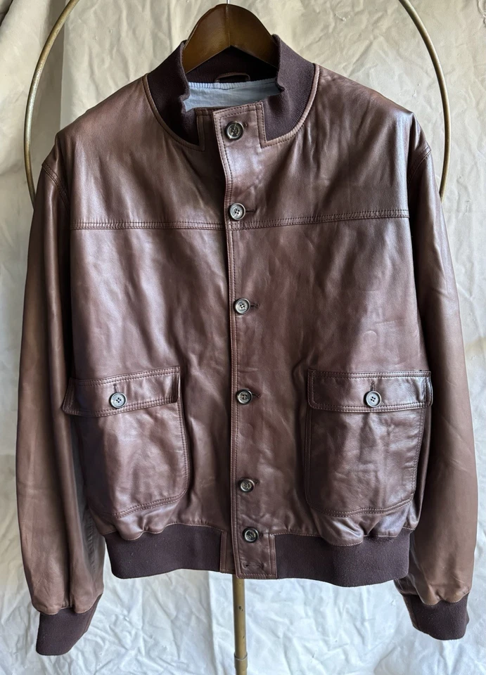 LUIGI BORRELLI Brown Leather Coat Jacket Bomber Sz 58 XXL - Image 2 of 4