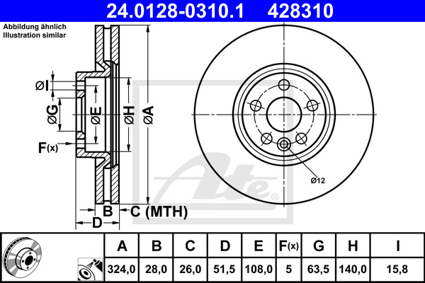 ATE 2X Bremsscheibe Vorne Ø324 Mm BelüFtet Beschichtet FüR Volvo XC60 156 D4 D5-image