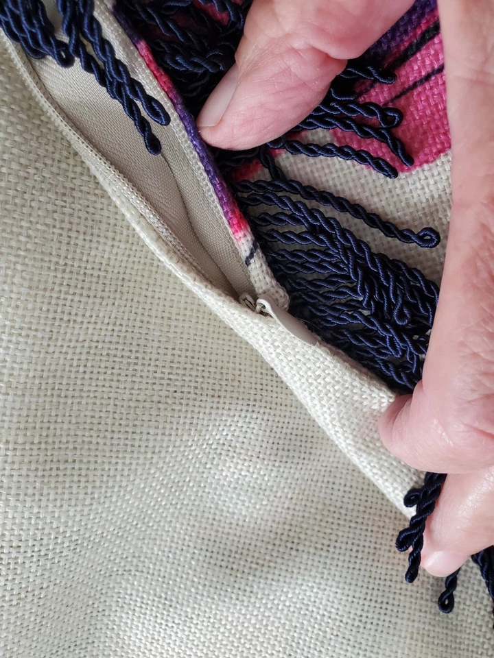 Playful Boho Bulldog Pug Puppy Decorative Pillow Cover 17 X 17" Black Fringe - Image 4 of 4