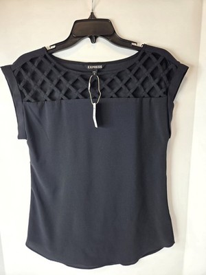 Express Womens Blouse NWT Black Cap Sleeve Round Neck Criss Cross Size XS