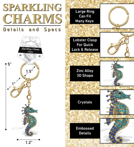 Aqua79 Seepferdchen Gold Schlüsselanhänger - Blau Funkelnde Strass Charm mit Verschluss - Bild 2 von 9
