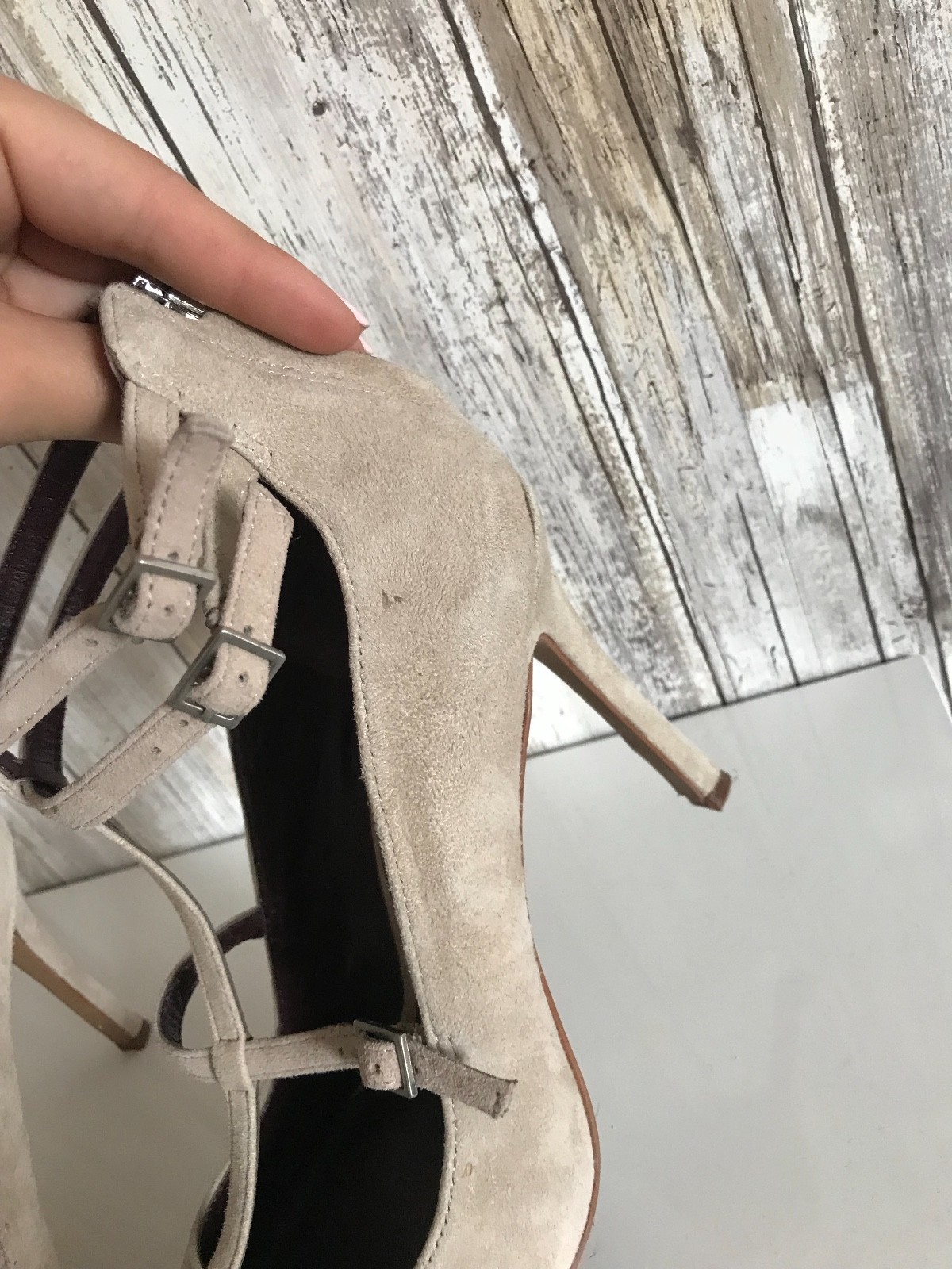 BCBGeneration Beige Nude Suede Multi Strap Heels … - image 7