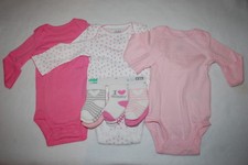 Baby Girls 3 LOT L/S BODYSUIT TEE SHIRTS Pink White 6 PAIR SOCKS Hearts 0-3 MO