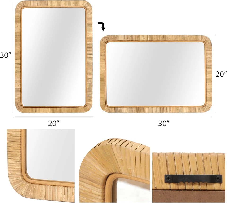 20" X 30" Rattan Wicker Rectangle Wall Mounted Bathroom Mirror for Coastal Boho - Image 4 of 4