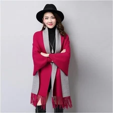 WOMEN'S PONCHO BATWING SLEEVE PONCHO SHAWL FRINGED CAPE RED AND GRAY - MINT!!!