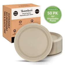 Ibambo Bamboo Disposable Paper Plates - 10 Inch, 50 Pack, Compostable Plates