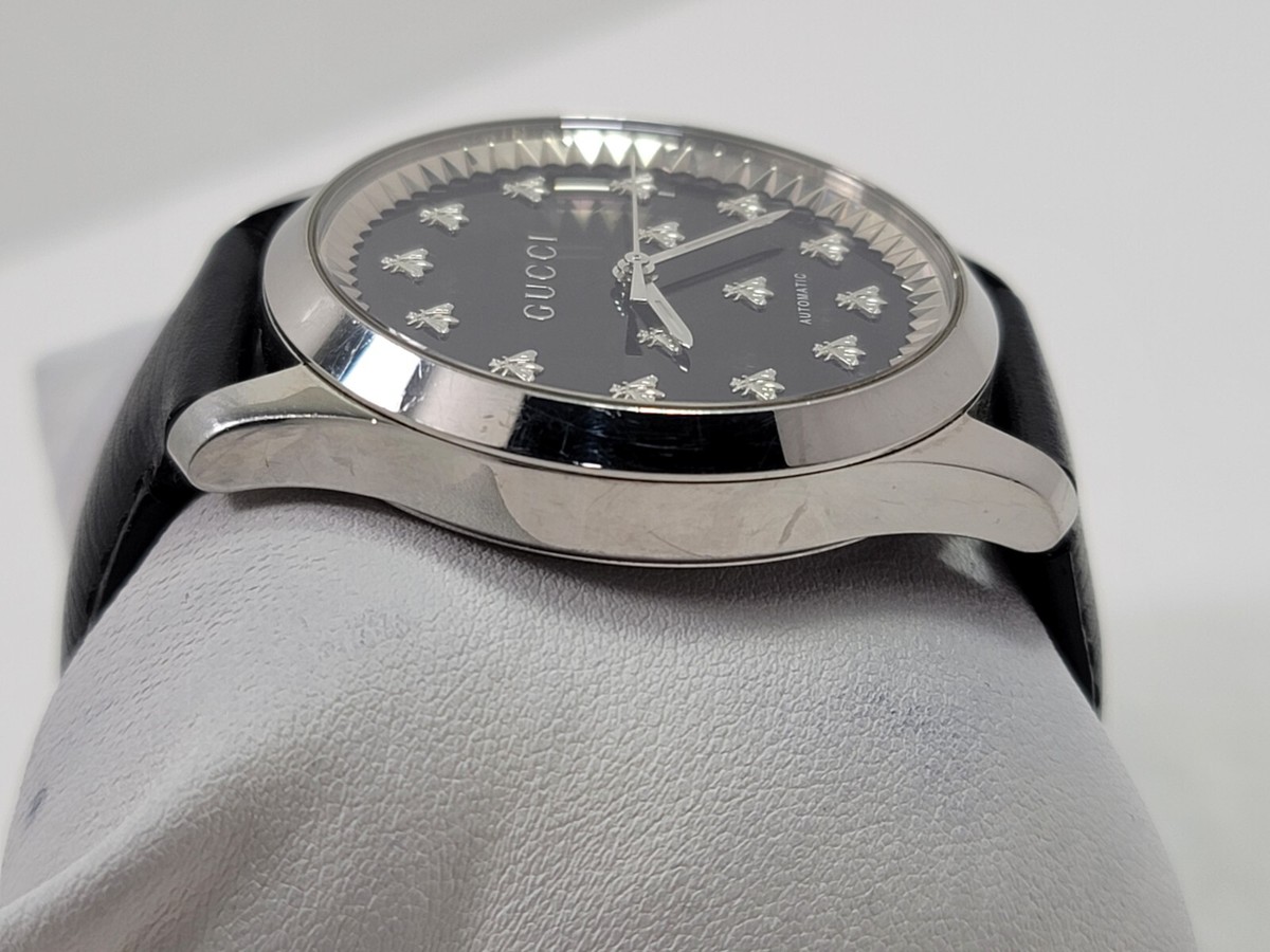 Gucci G-Timeless SWISS Automatic Black Dial Leather Strap Men's
