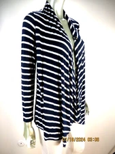 AB STUDIO SZ M Rayon Blend Navy Blue White Open Front Shrug Blouse Shirt Top