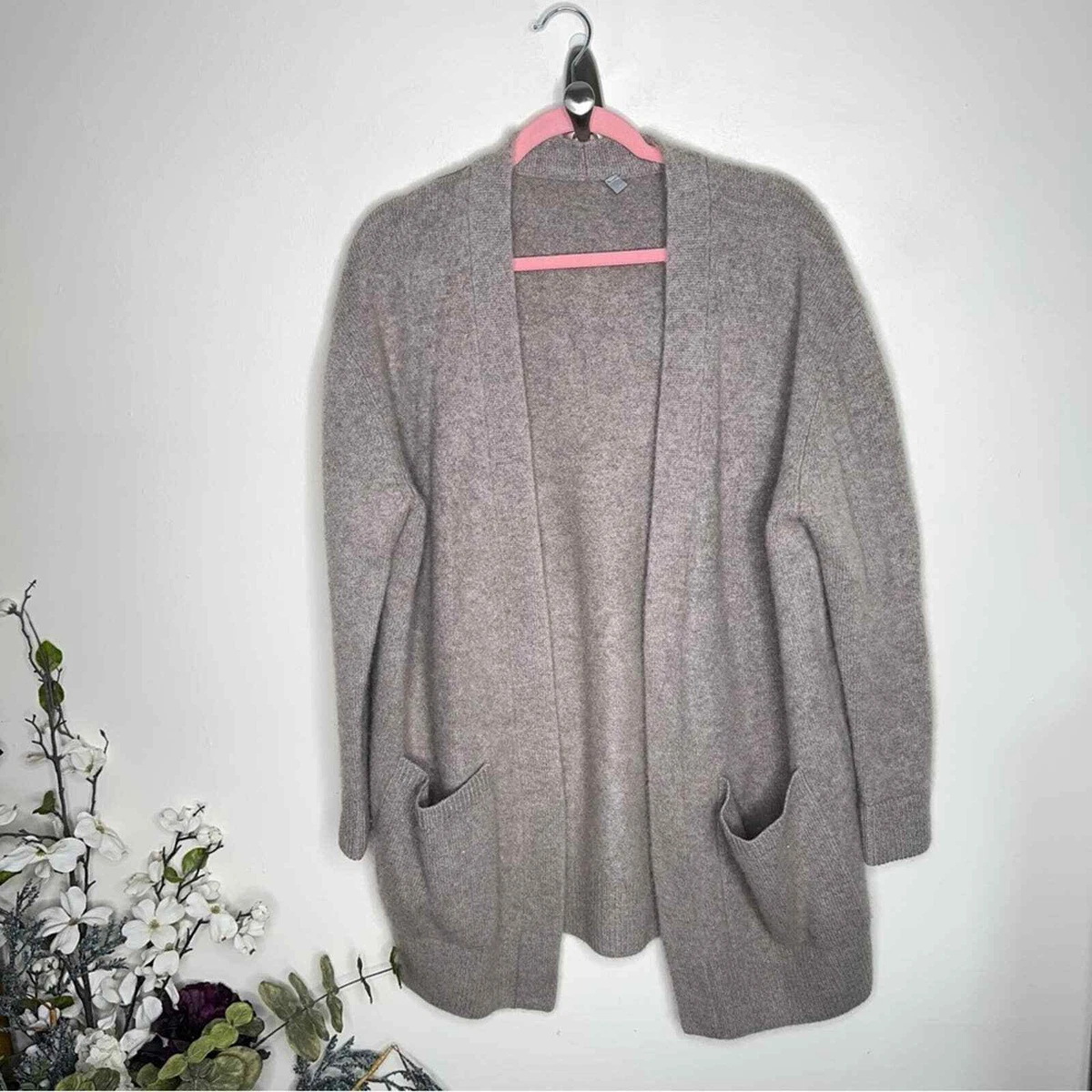 VINCE Patch Pocket Cashmere Cardigan Sweater Heathered Taupe Tan