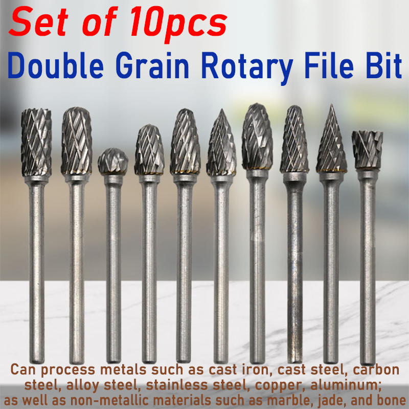10pcs Double Grain Rotary File Bit Sets of 3mm Shank Hard Alloy Tungsten  Steel