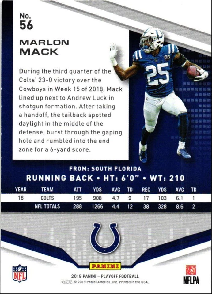 2019 Panini Playoff 2nd Down /49 MARLON MACK Indianapolis Colts #56 - Image 2 of 2
