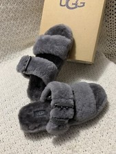 NIB UGG Fuzz Yeah Sheepskin Slippers Women's Gray Charcoal Buckle Sz 5 99