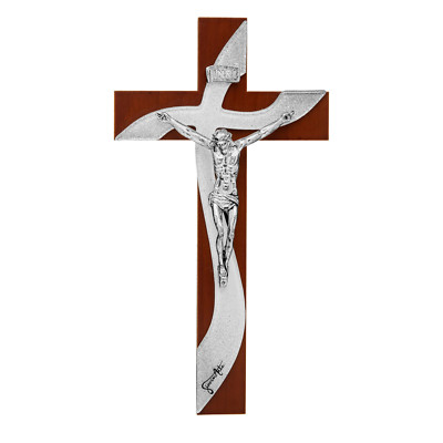 Kruzifix Wandkreuz Nussbaum mit weißem Muranoglas und Glitzer aus dem Vatikan