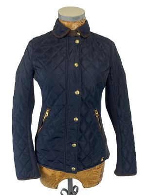 JOULES JACKET 8 NAVY BLUE Quilted Wadded Ribbed Sides Underarms Zip Up Gold Snap