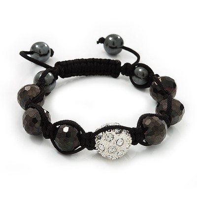 Tiefschwarz & klare Kristallkugeln Diamant buddhistisches Armband -11 mm - verstellbar