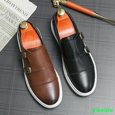 Men's Monk Strap Skateboarding Casual Leather Deck Shoes Flat Round Toe Vintage
