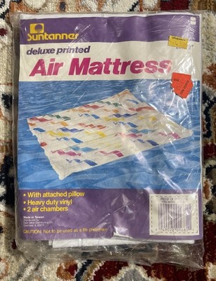 NOS VTG Suntanner Heavy Duty Vinyl Air Mattress Inflatable Deluxe Printed 27x72